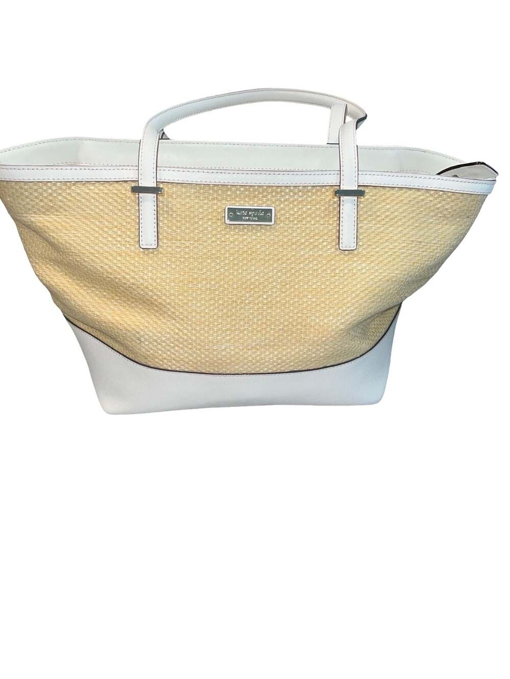 Kate Spade Cameron Straw and White Leather Tote Bag with Sunflower Lining